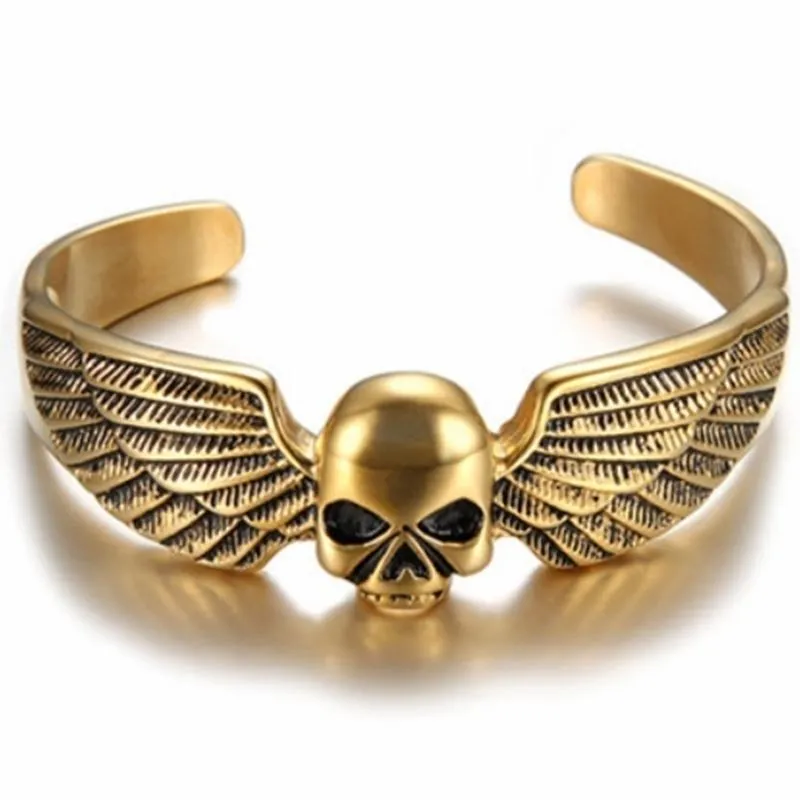 Klassisk Mäns Högkvalitativ Metall Dominerande Punk Skull Wing Bracelet Mode Smycken Bangle