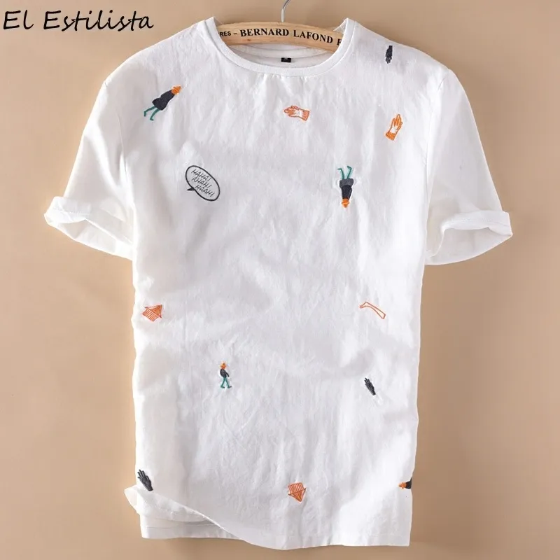 Marca Mens Cool Manga Curta Camisa De Linho Dos Desenhos Animados Bordados Rodada Collar Slim Men's Summer Roupas de manga