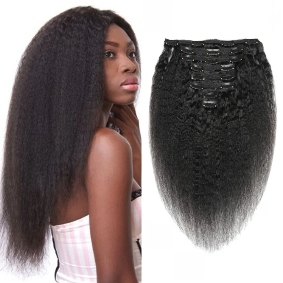 Clipe Reto Kinky Indiano Remy Extensões de Cabelo Humano Cor Natural 8 Peças/Conjuntos de Clipes Yaki Grossos para Mulheres 120G