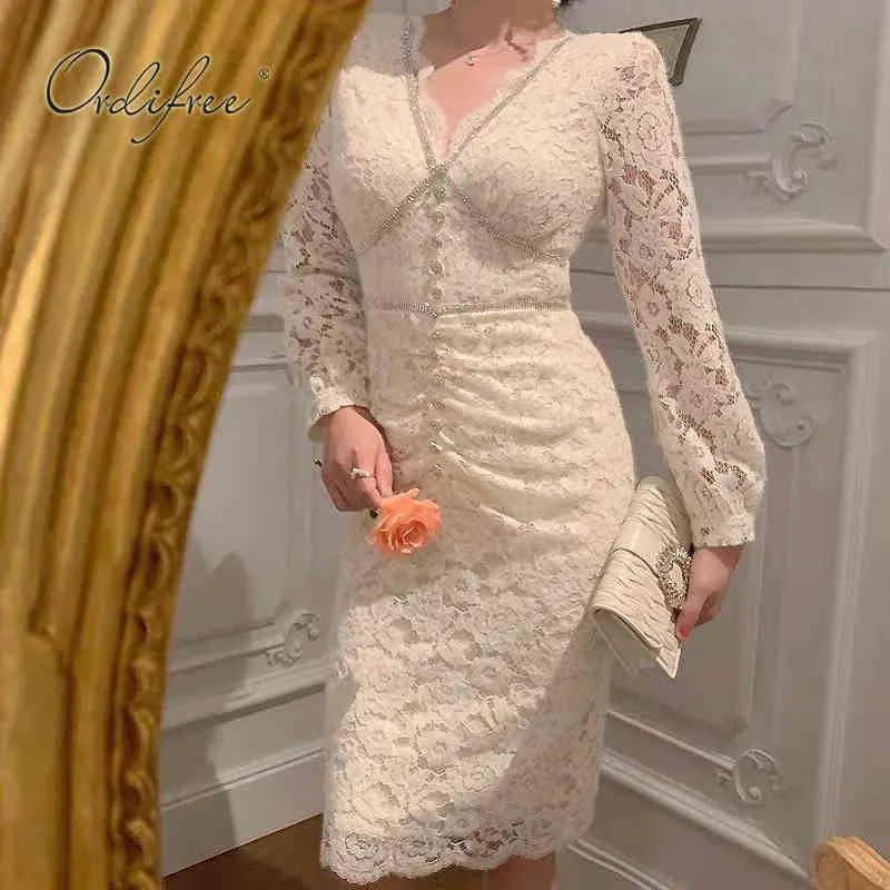 Summer Women White Lace Party Long Sleeve Fleece Luxury Diamond Sexy Bodycon Midi Dress 210415