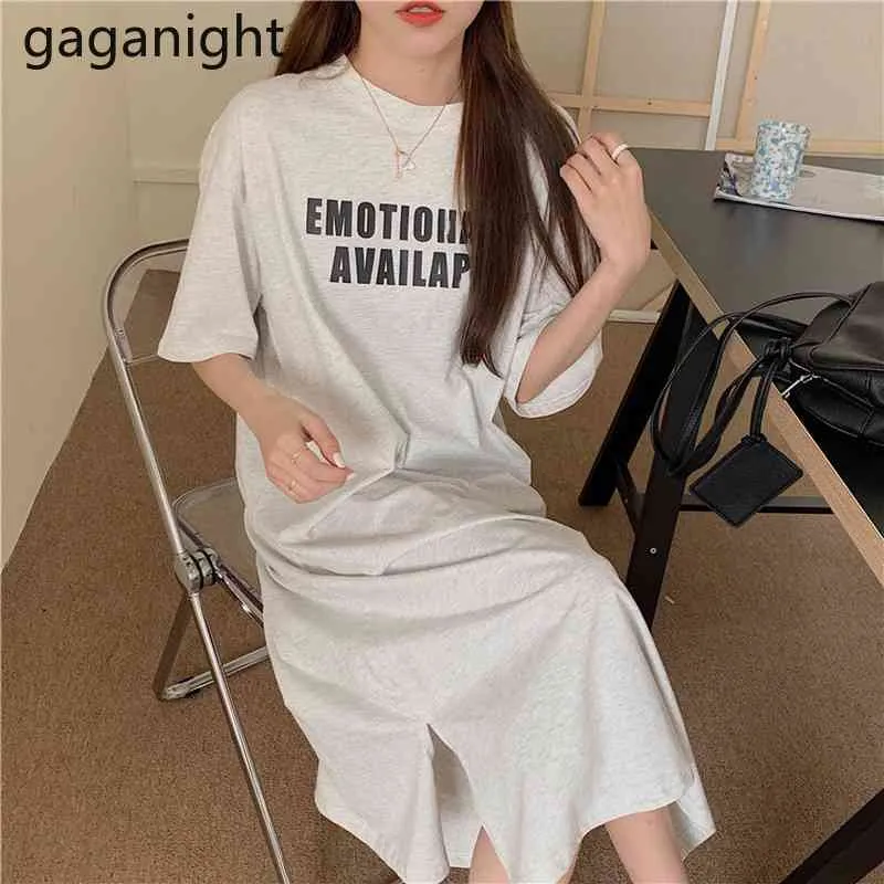 Gaganight Women Casual Luźna Bawełna T Shirt Dress List Drukuj Lato Split Midi Dress O-Neck Krótki Rękaw Plaża Sundress 210519