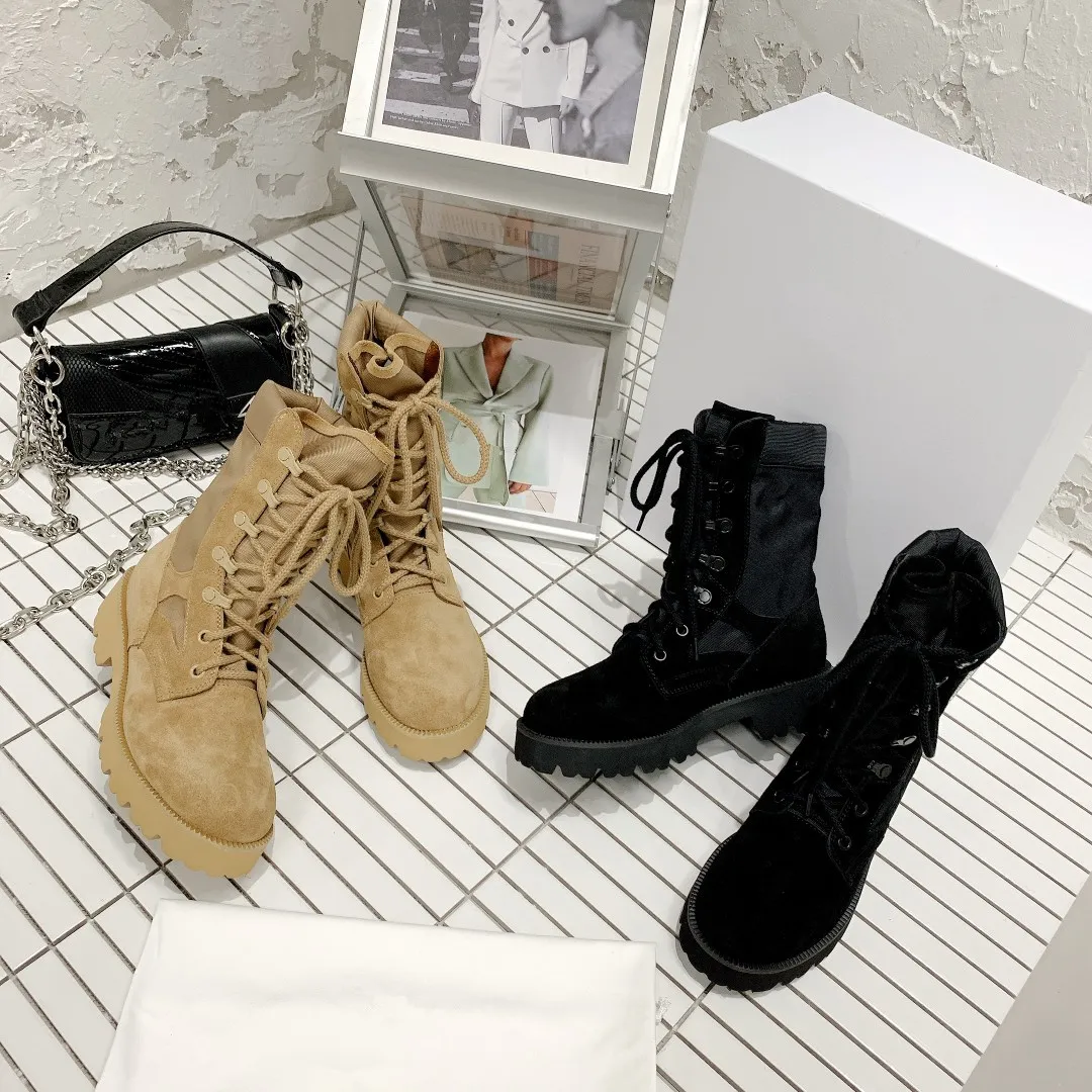 Bottines en daim pour femmes de qualité supérieure Designer de luxe Martin Desert Boots tissu tricot lettre noir 100% cuir véritable matelassé chaussures d'hiver à lacets semelle en caoutchouc avec boîte