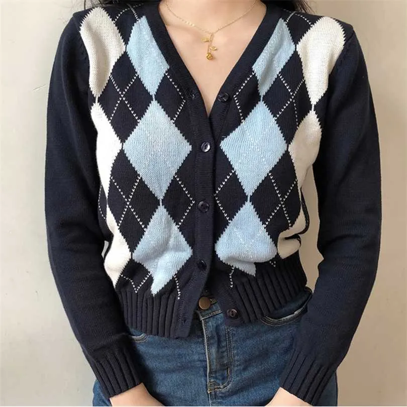 Vintage Geometrische Argyle Sweater Cardigan Vrouwen Herfst Knit Lange Mouw V-hals Bovenkleding Elegante Gebreide Dames Truien 211018