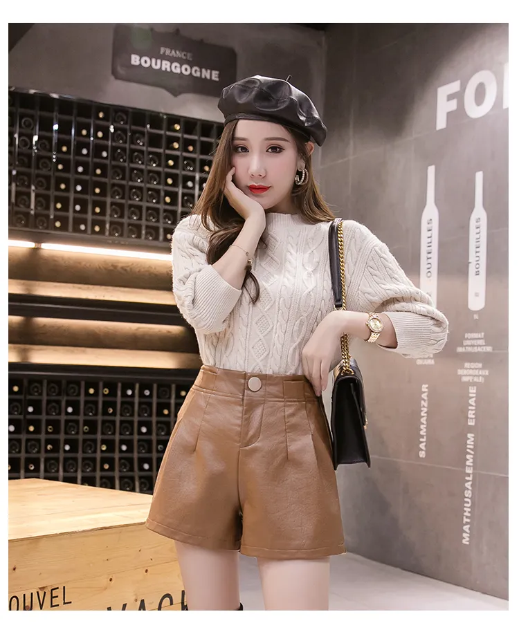 Осень-зима, новые корейские модные женские однотонные шорты с высокой талией из искусственной кожи, широкие шорты больших размеров, шорты SMLXL1713