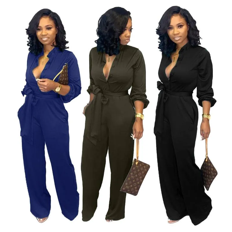 Women's Jumpsuits & Rompers Woman Long Sleeve Overall Clothing V-neck Bodysuit For Women 2021 European Style OL Jumpsuit