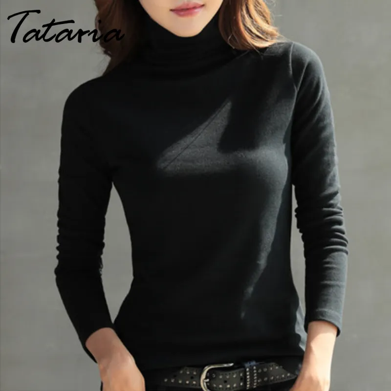 Tataria High Necked Pullover för kvinnor Solid Långärmad T-shirt Vinterbottnade Toppar Slim Fit Turtleneck Pullovers 210514