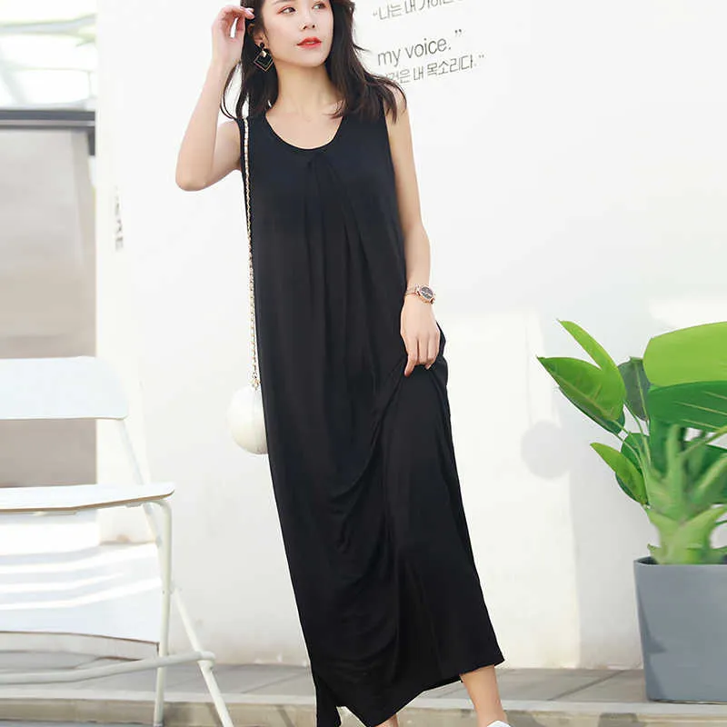 Summer Maxi klänningar Kvinnor Ankellängd ärmlös Modal lång klänning Casual Black Grey Cotton Home Dress Clothes for Lady 210625
