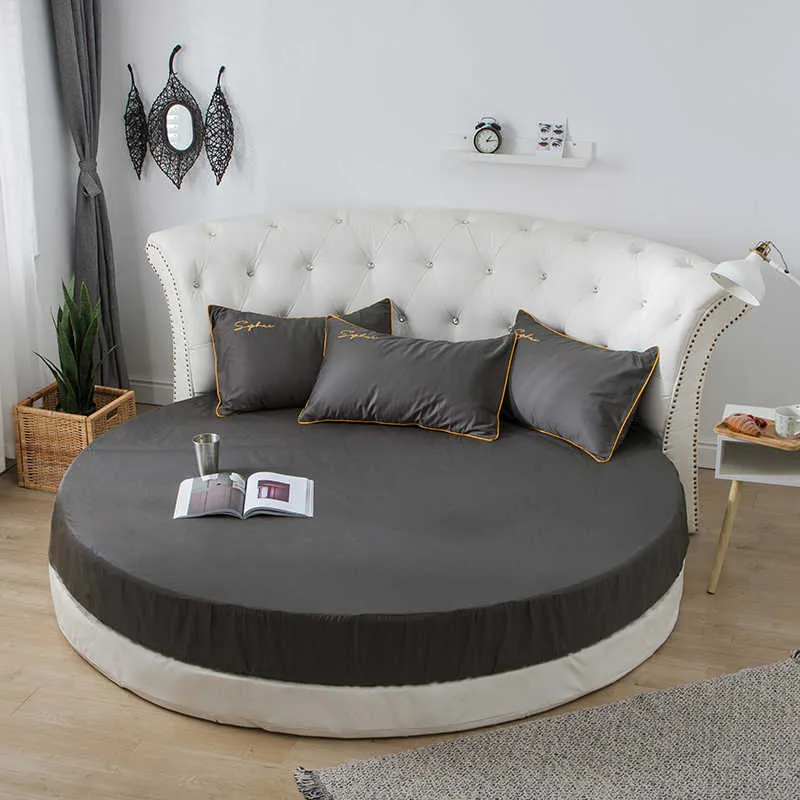 Katoenen hoeslaken met elastische bands Bedlinnen voor Ronde Matras Cover Solid Color Single Queen Size Black White Bedspread 210626