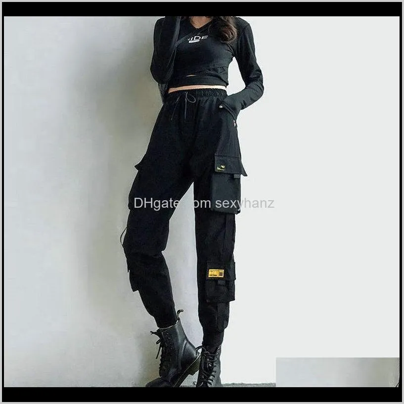 women`s cargo pants black ribbon pocket jogger elastic waist high streetwear harajuku pant punk females trousers harem pants1