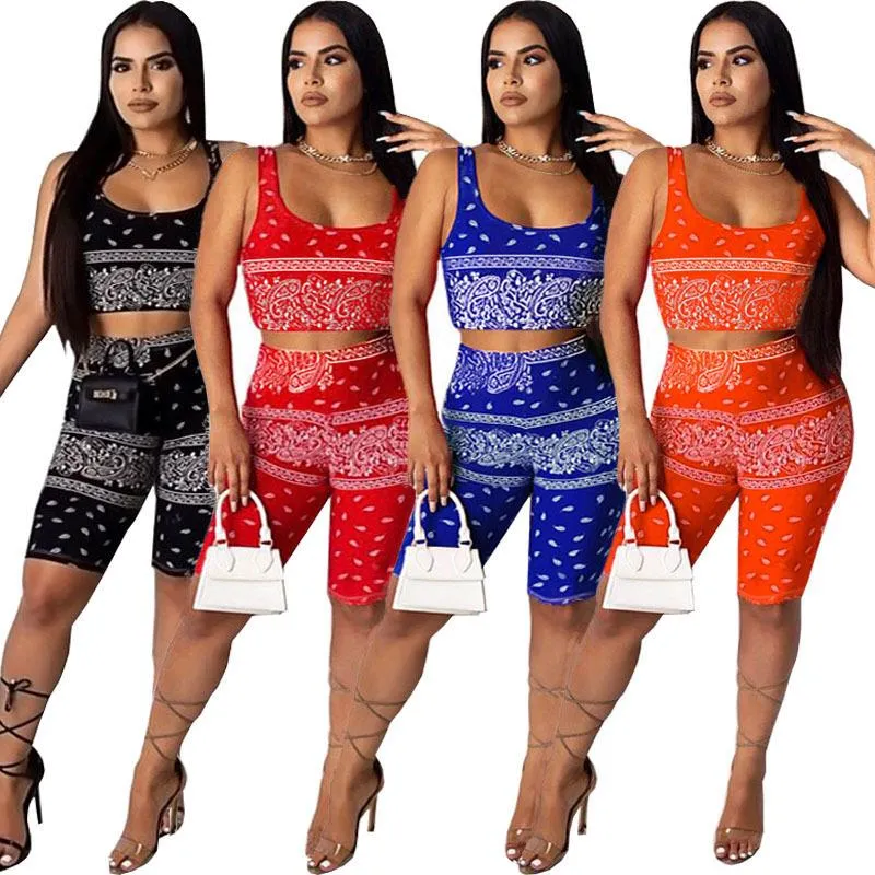 Damskie Szorty Kobiety Letnie Bandana Drukuj Mini Tank Topy Jogger Spodnie Suit Sport Dwa kawałek Zestaw pasujących strojów