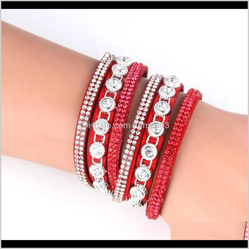 Pulseiras Multicamadas Wrap Bracelet Rhinestone Slake Deluxe Couro Charm Bangles com Cristal Cintilante Pulseira Feminina Je