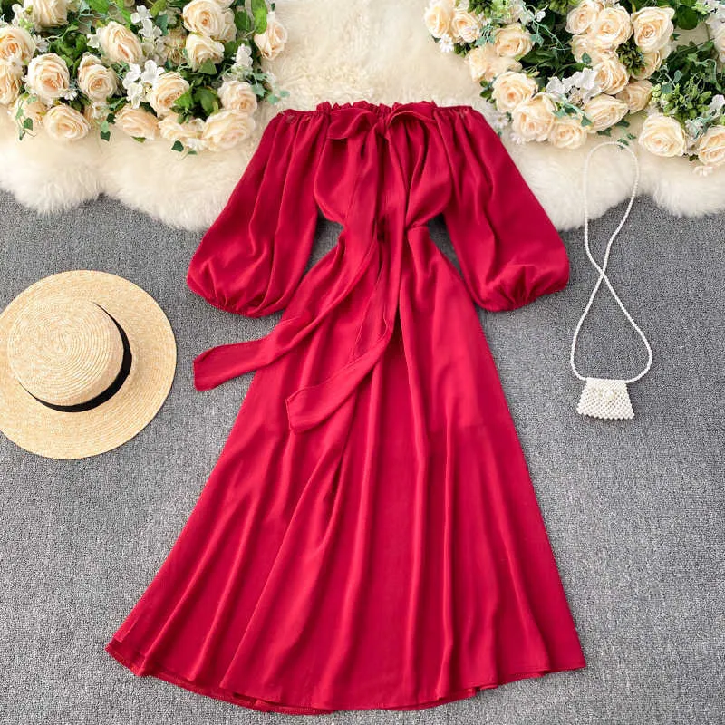 Sexy Slash Neck Puff Sleeve Yellow/Red/White Party Beach Dress Women Elegant High Waist Big Swing Vestidos Spring Autumn Fashion Y0603