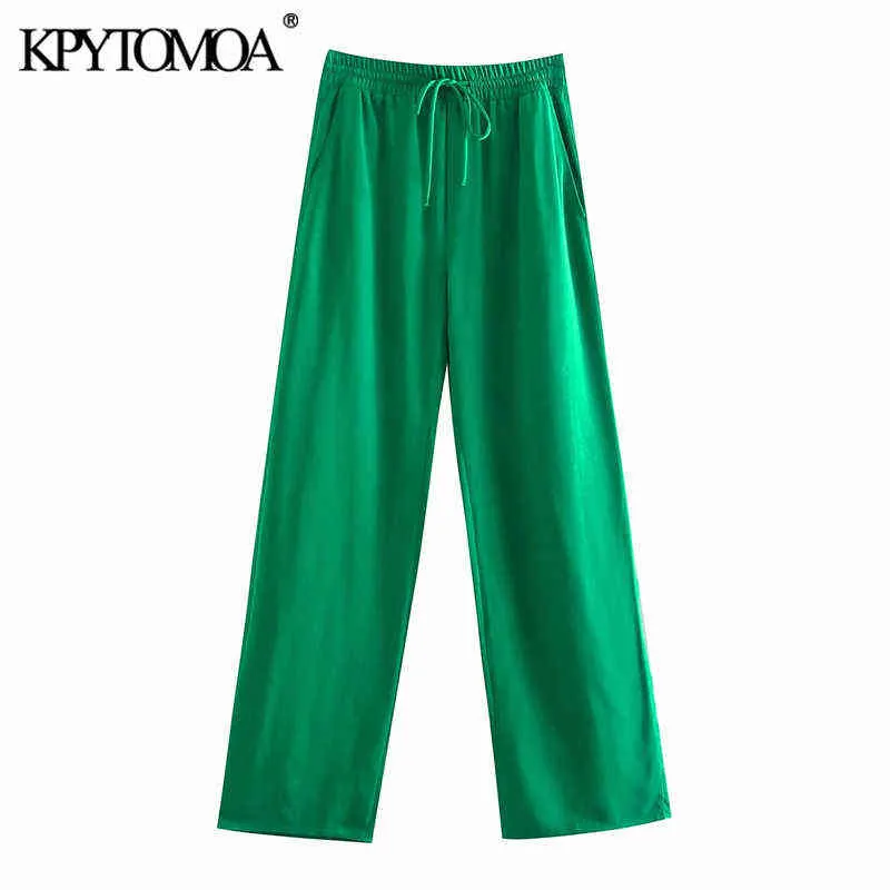 KPYTOMOA femmes Chic mode poches latérales lâche large jambe pantalon Vintage haute taille élastique cordon femme pantalon Mujer 211124