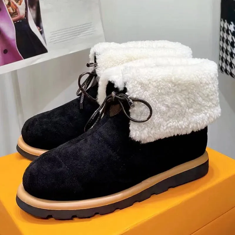 New Snow Boots Women Wool Flanging Warm Lace Up Ankle Boot Comfortable Flat Plus Cotton Shoes Brand Design Ladies