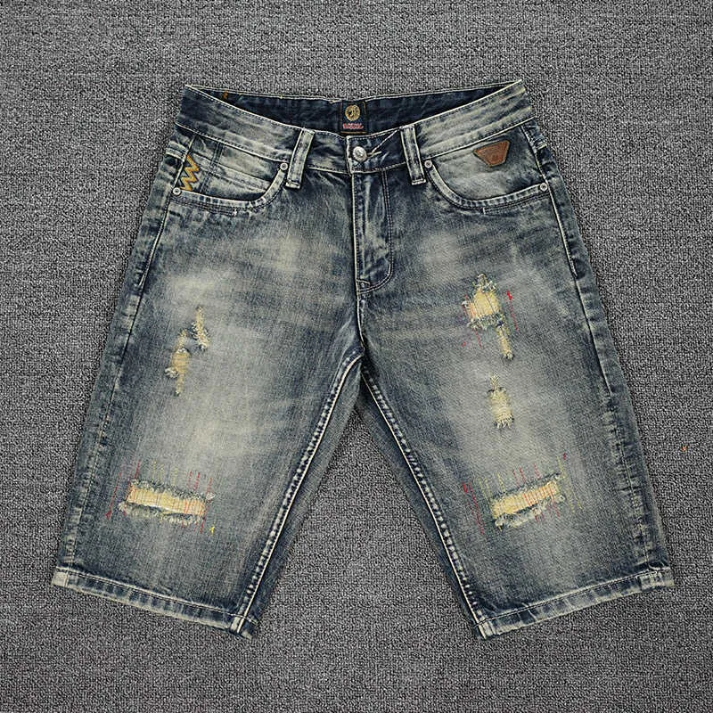 Sommar mode designer män jeans retro gul blå rippad denim shorts vintage broderi hip hop kort kxbw
