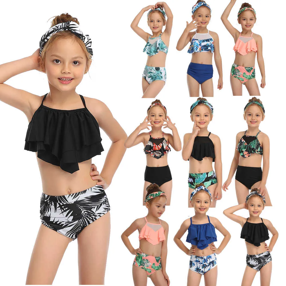 2021 Menina Swimsuit Duas Peças Swimwear Infantil Swimwear Swim Suits Criança Ruffle Bikinis Split Mesh Biquini Conjuntos de Banheira 2-14T