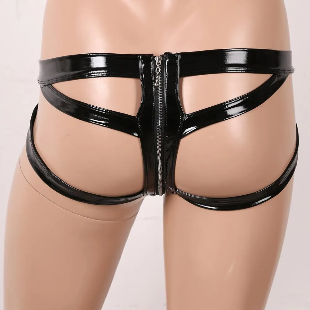Sexy Men Underwear WetLook Patent Leather Briefs Open Butt Hollow