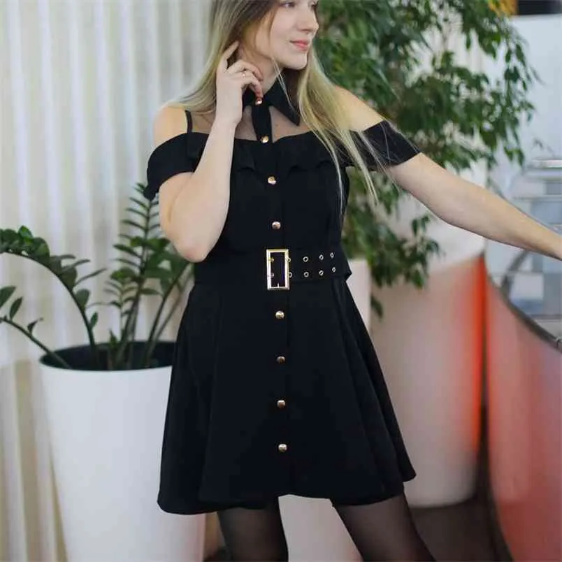 Femmes été Streetwear simple boutonnage chemise robe doux noir col rabattu Mini robes courtes avec ceinture Vestidos 210514