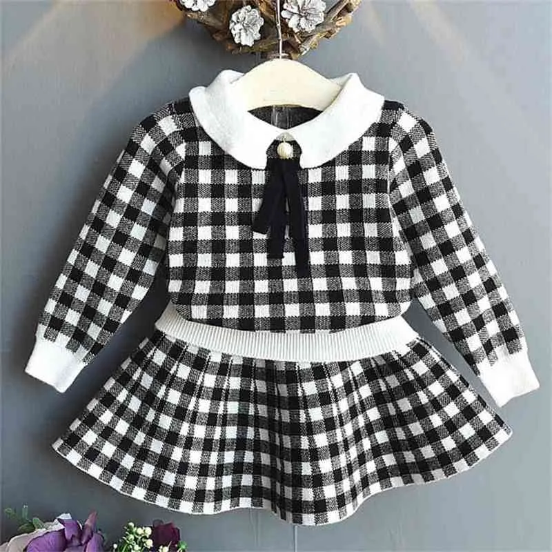 Meisjes Sets kinderkleding Herfst Winter Plaid Boog School Student Pak Gebreide Sweater + Korte Rok 2 stks Kinderen Outfits 210625