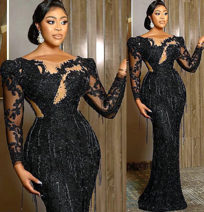 Aso Ebi 2021 Arabic Plus Size Black Luxurious Sheath Prom Dresses Lace Beaded Sheer Neck Evening Formal Party Second Reception Gowns Dress ZJ205