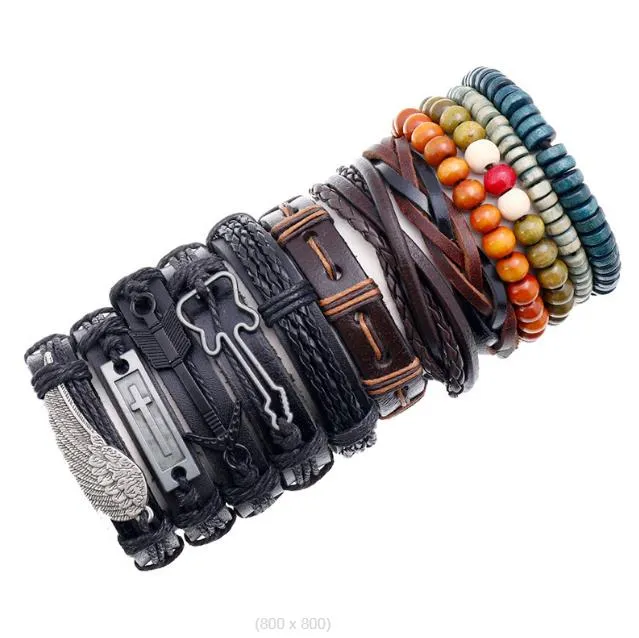 Vintage woven cowhide Bracelet diy12 style 12 piece suit men's leather chain arm ornament guitar cross Wooden bead hand string