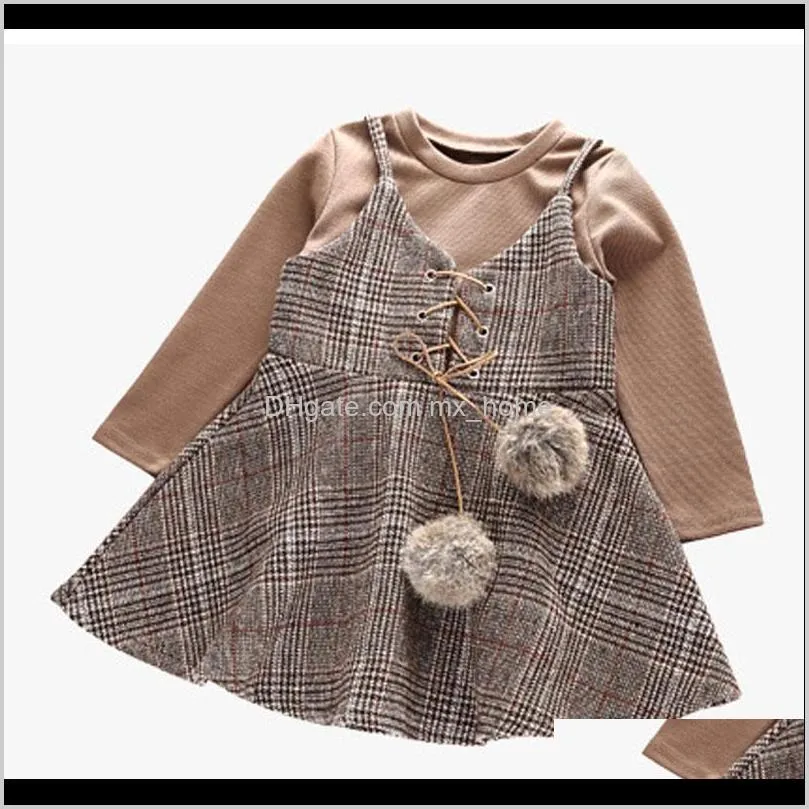 girls england style dress children long sleeve tops + sling plaid fake 2 pcs clothes kids quality lattice harness dresses