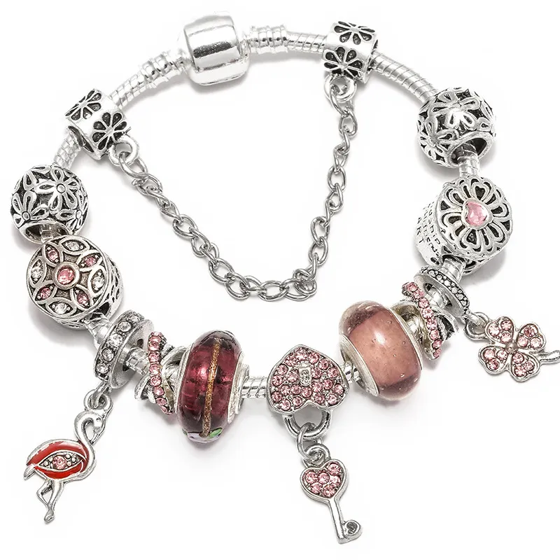 Incrusté d'huile de goutte à goutte de zircon brins perles d'émail panjia bracelet à breloques cygne femelle trèfle porte-bonheur pendentif bijoux style européen et américain