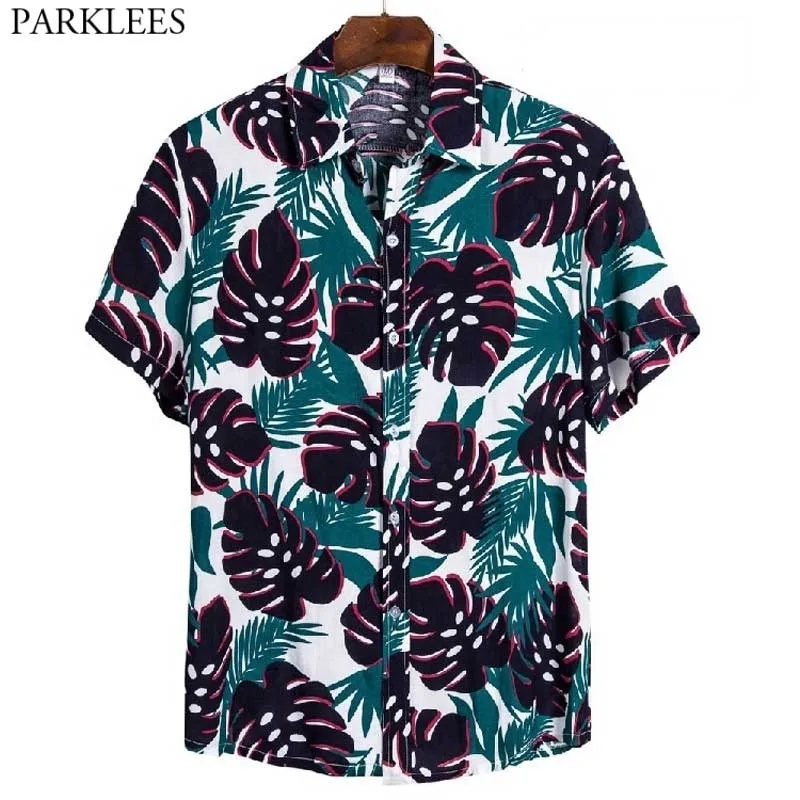 Blätter Drucken Mode Herren Hawaiian Shirts Kurzarm Quick Dry Strand Hemd Männer Casual Tropical Aloha Party Urlaub Kleidung 210522