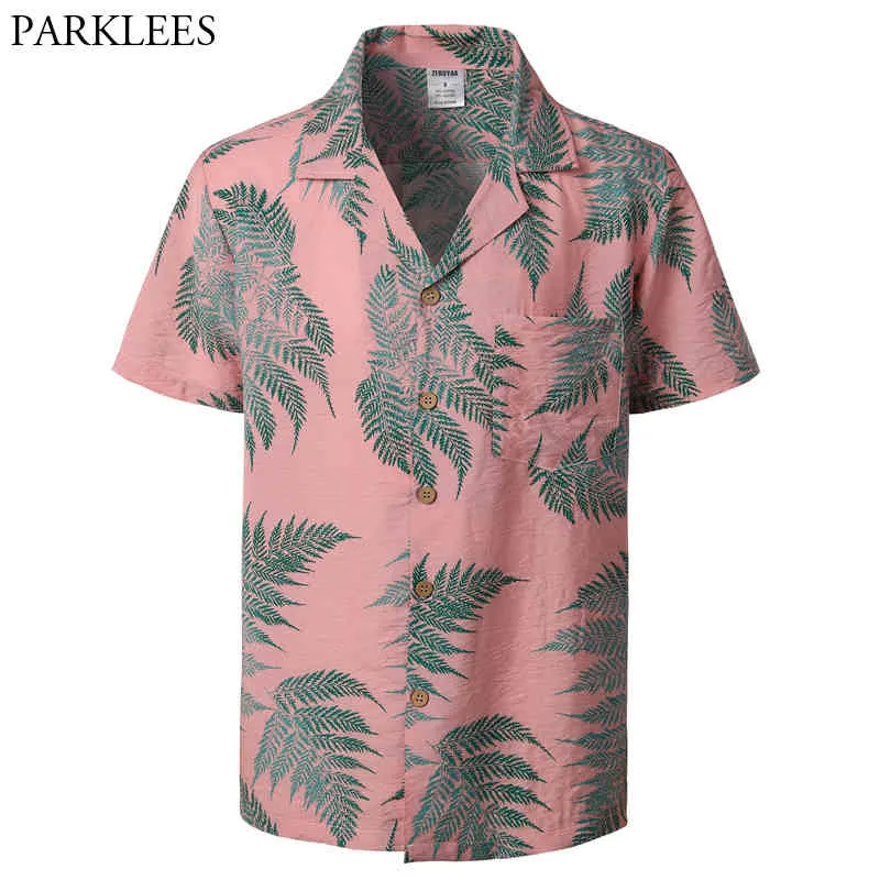 Mens Hipster Casual Short Sleeve Hawaiian Aloha Tröjor Sommarknapp Down Tropical Men Beach Shirt med Pocket Rosa 2XL 210522