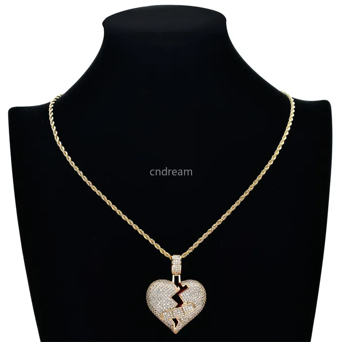 UPDATE Hip Hop Copper Cubic Zircon Broken 18K Gold Heart Necklace Jewelry Set 60cm Chains Combination Joint Hearts Pendant Diamond Iced Out Necklaces for Women Men