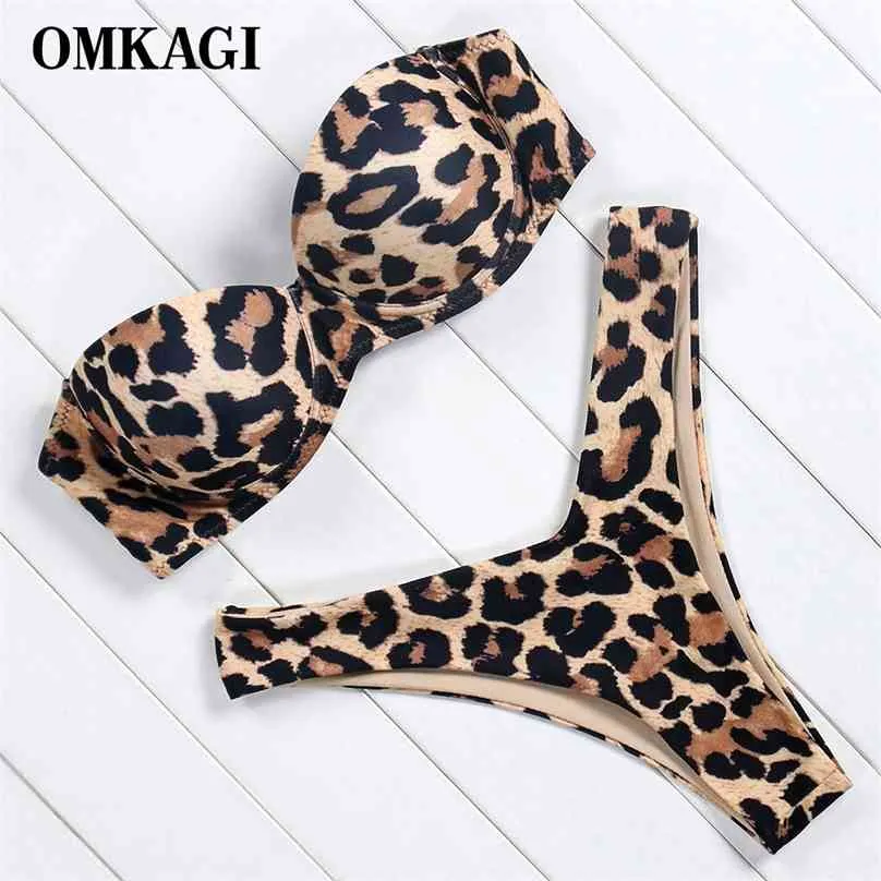 Omkagi Leopard Bikini Set Bandeau High Cut Solid Swimsuit Stroje Kąpielowe Kobiety Sexy Push Up Strój kąpielowy Beachwear 210611