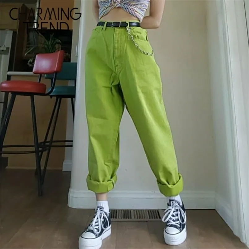 Pantaloni casual da donna Pantaloni punk harem da donna Autunno a vita alta Hip Hop fidanzati lunghi femminili verde giallo taglie forti 210809