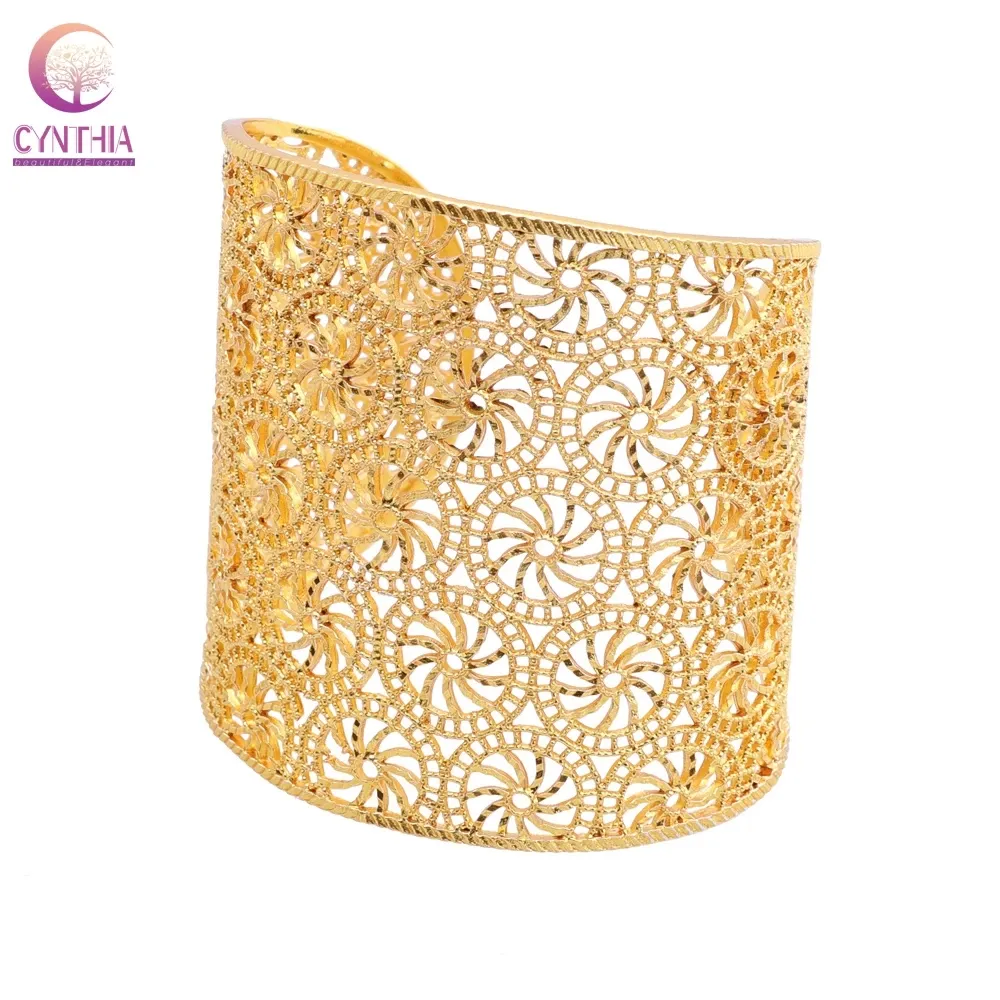 Golden Bangle para mulheres amplo punho pulseira árabe nupcial mão pulseira de jóias Médio East Fashion Braceletes abertos