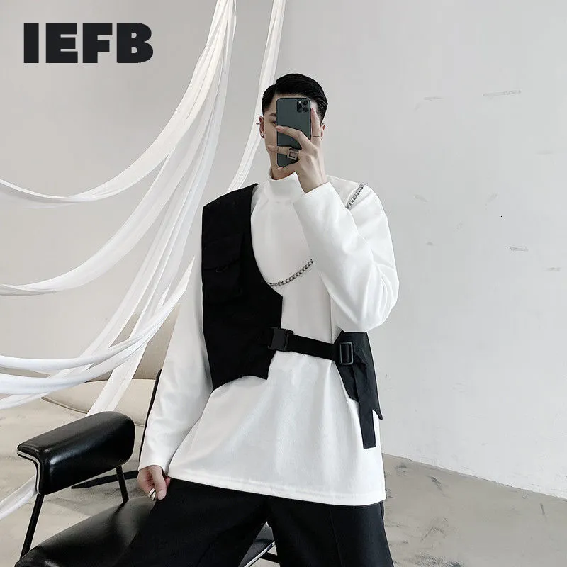 IEFB / Мужская одежда для одежды Workwear функциональный стиль черный жилет мужской без рукавов асимметричный дизайн пряжки жилет для мужчин 9Y3404 210524