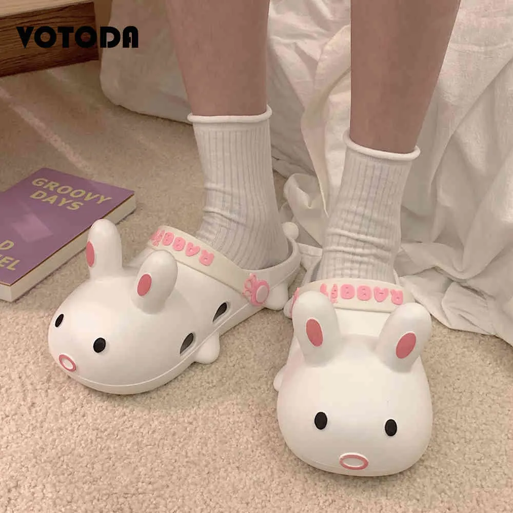 Cute Cartoon Slippers For Girl Rabbit Slides Soft Home Flat Flip Flops Women Beach Sandals Outdoor Thick Bottom Hole Shoes Clogs