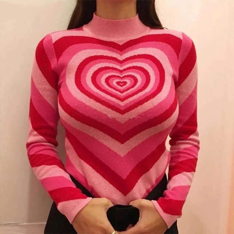 Y2K Pink Heart Shaped Knitted Striped Sweater With Rainbow Retro