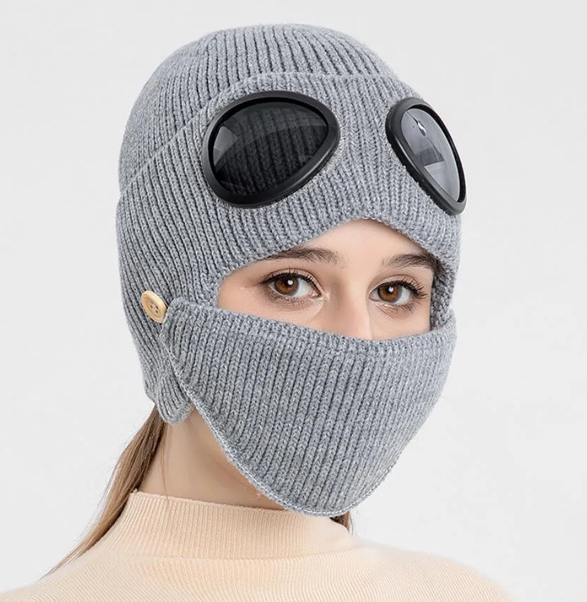 Pilot glazen beanie voor mannen en vrouwen schedel caps met masker pluche dikke wollen hoeden winter winddicht gebreide dop