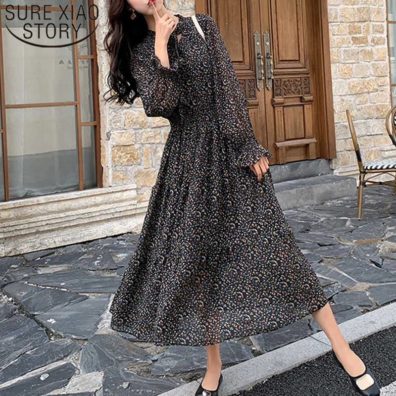 Bahar Moda Şifon Elbise Kore Moda Kadınlar Uzun Kollu Bir Çizgi Baskı Pileli Elbise Casual Kadınlar Robe Femme 8315 50 210528