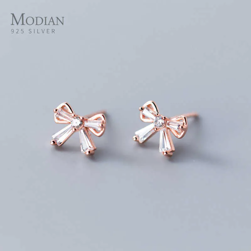 Real 925 Sterling Silver Radiant Zircon Vacker Dainty Bowknot Stud Örhänge För Kvinnor Lyx Tiny Ear Pin Fine Smycken 210707