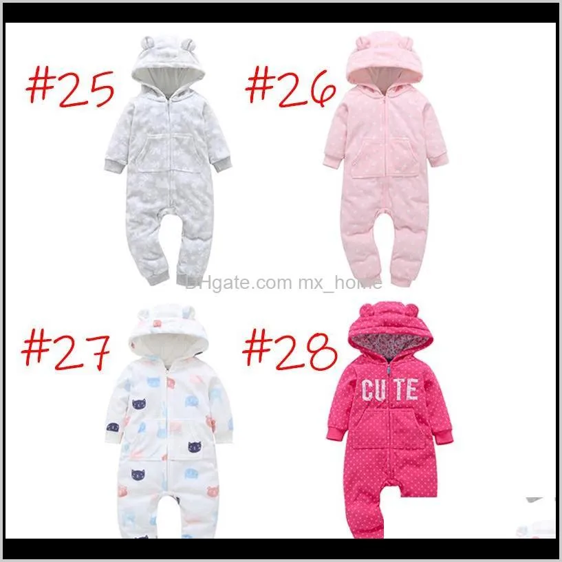 baby winter hooded rompers newborn boy girl clothes jumpsuits dinosaur plaid camouflage dots striped halloween christmas 3-24m