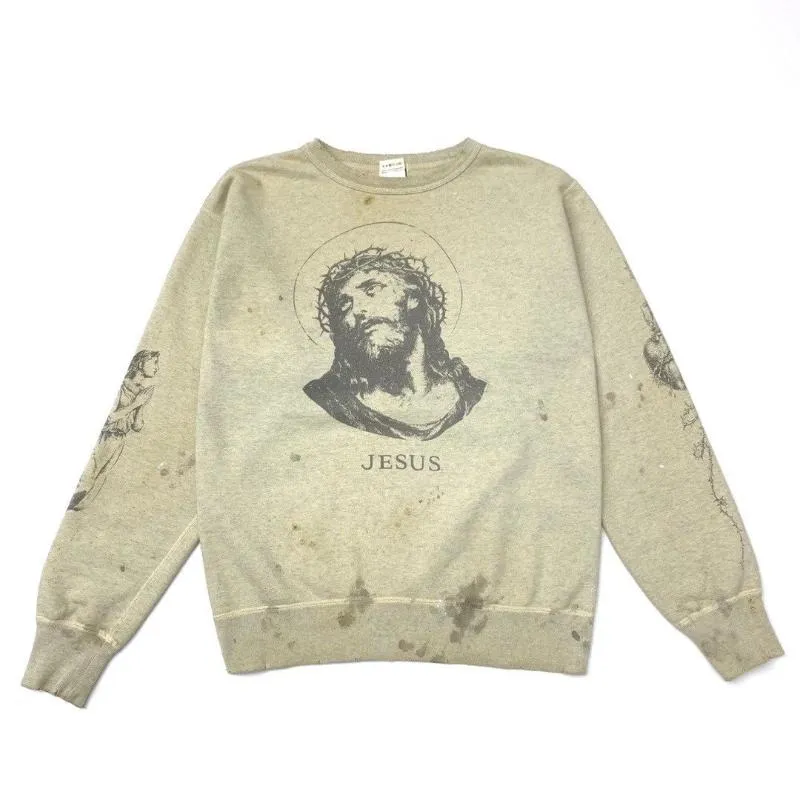 Herren Hoodies Sweatshirts Männer Vintage Drity Remake Jesus Distressed Rundhals Jumper Sweatshirt