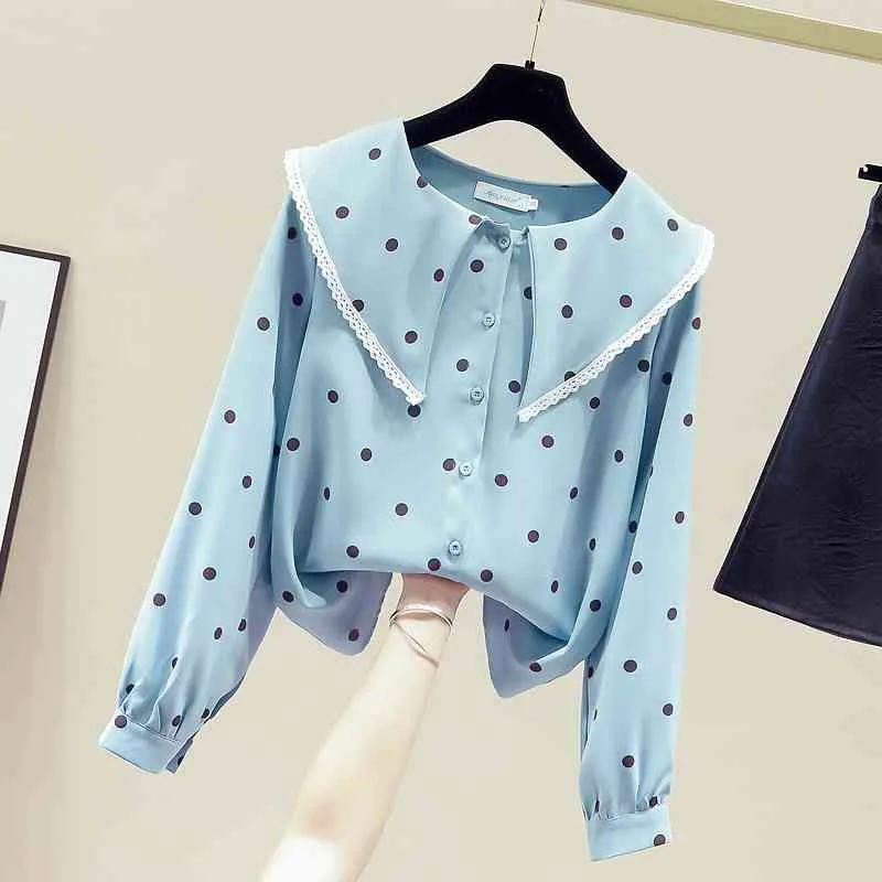 Jesień Damska Koronka Lalka Kołnierz Długie Rękawy Polka Dot Casual Shirts Girls Damska Koszula Bluzka Topy A4074 210428