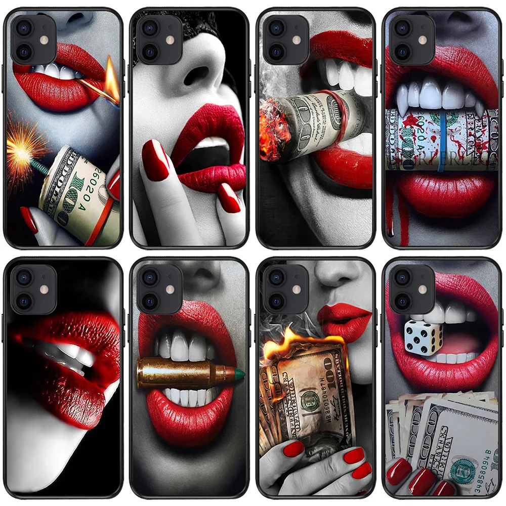 Fille européenne et américaine avec des étuis de téléphone à lèvres rouges pour iPhone 13 Pro Max 12 11 XR Xs X 7 6s 8 Couverture anti-rayures Design de mode Phonecase