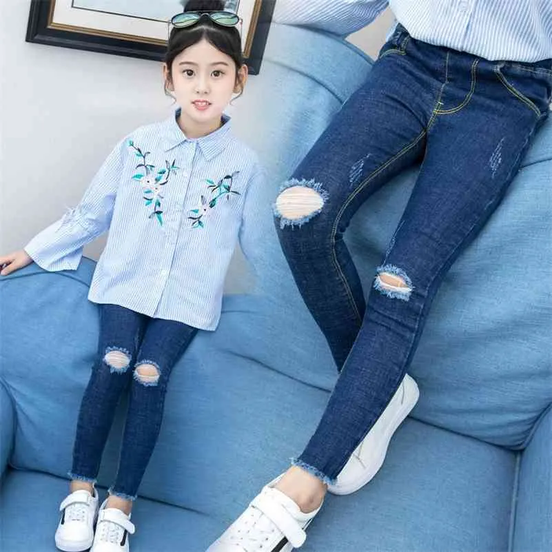 Kinder Mädchen Leggings Jeans Herbst Zerrissene Hosen Teenager Denim Hosen Broken Hole Jeans für Mädchen 4 5 6 7 8 9 10 11 12 Jahre 210317