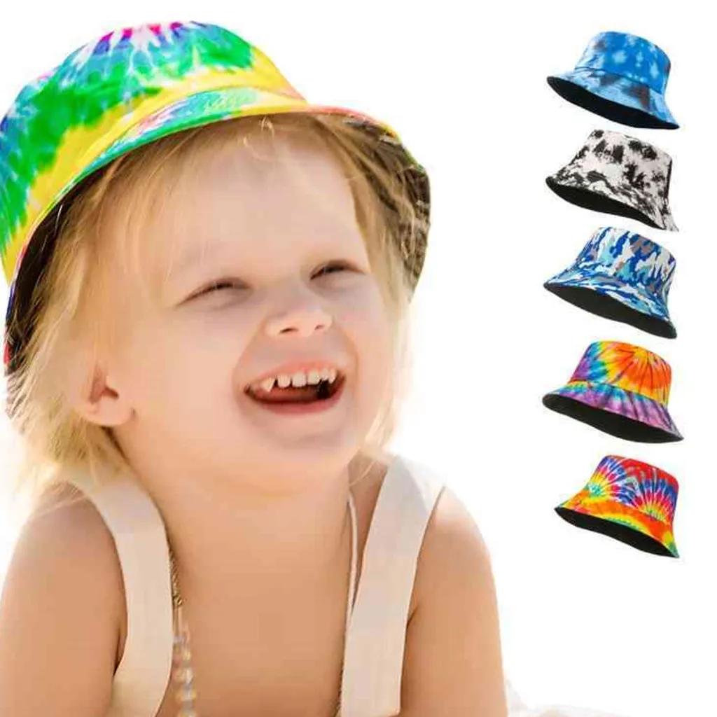 Kids Children Designers Summer Hat Tie Dye Bucket Cap Boys Girls Rainbow Fisherman Snapback Beach Sports Outdoor Sun visor Ball Caps Holiday Gifts G36KDIN