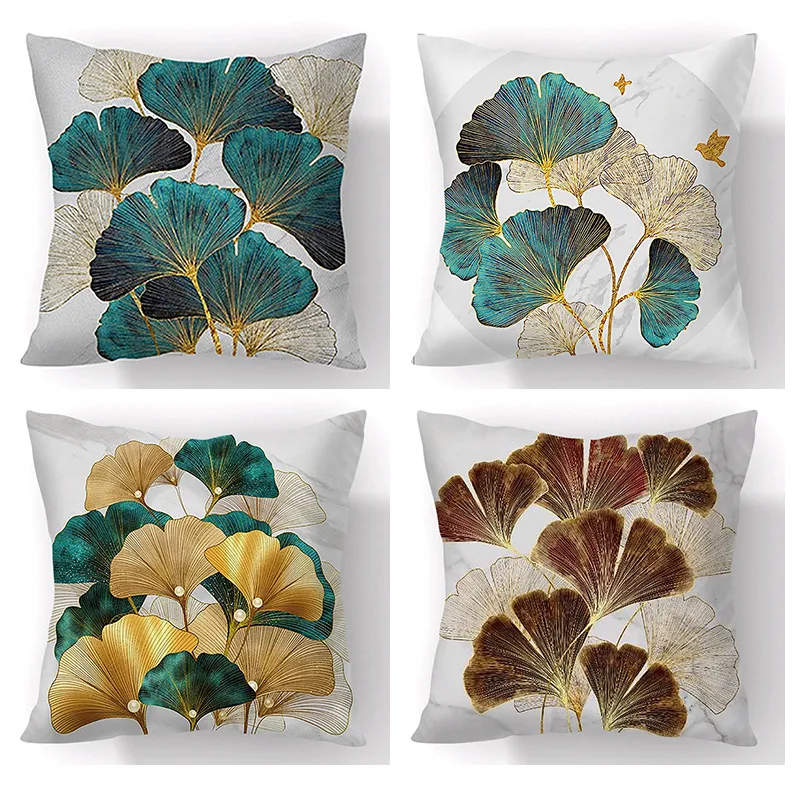 Handmålade Ginkgo Leaves Pillow Case Polyester Kort Plush Modern Floral Stol Kuddar Väskor Vardagsrum Decor Kasta Kuddar