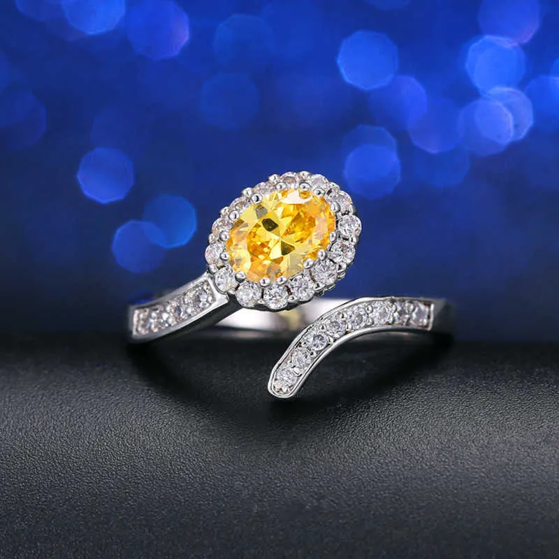 Summer Style Women Party Engagement Jewelry Oval Cut Zirconia Adjustable Ring With Yellow Crystal Stone R091 210714