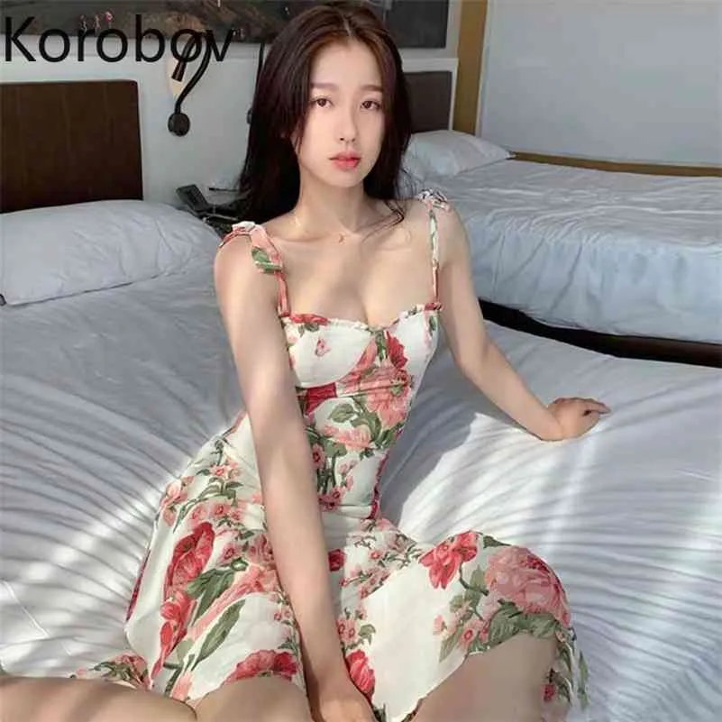 Korobov Korean Bow Sweet Print Kobiety Dress Summer Spaghetti Strap Beach Style Boho Suknie Moda A-Line Vestidos 210430