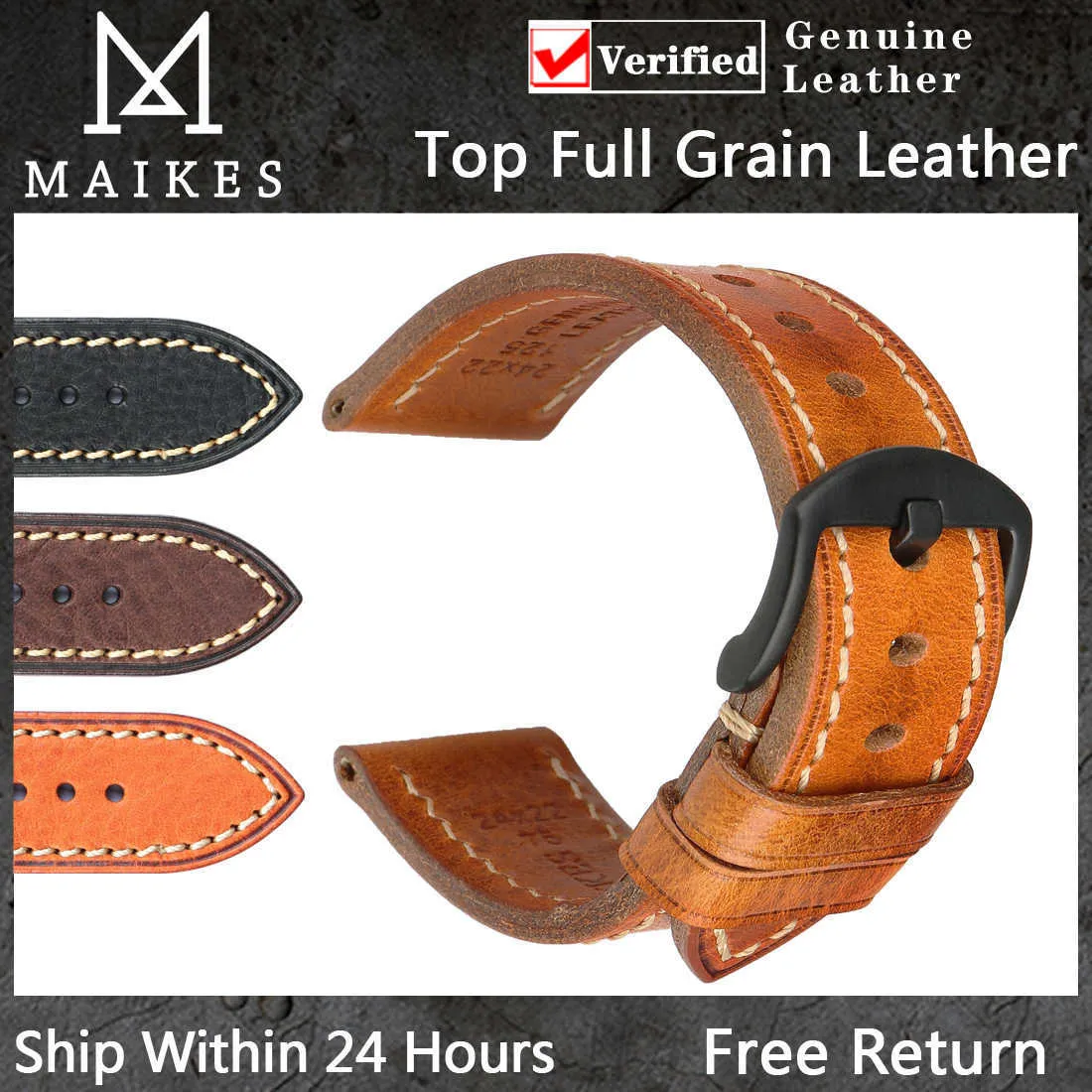 Bande de montre en cuir véritable à la main de Maikes 20mm 22mm 24mm Black Boucle de vachette de vachette de vachette pour Tudor Longines Strap H0915