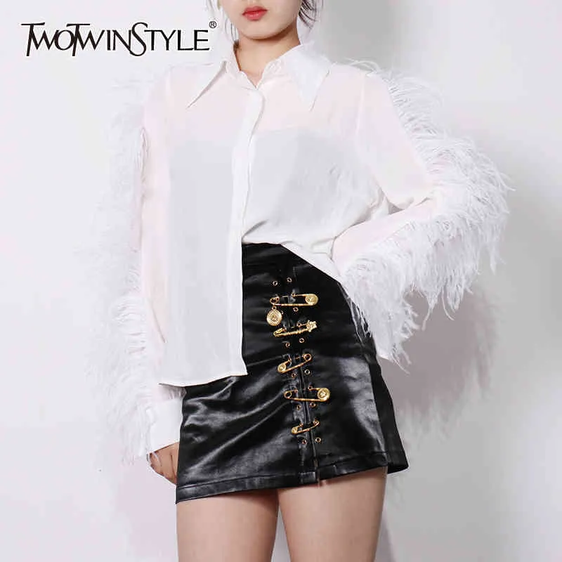 Casual White Chic Shirt For Women Lapel Long Sleeve Patchwork Feather Shirts Female Fashion Clothing Spring 210524